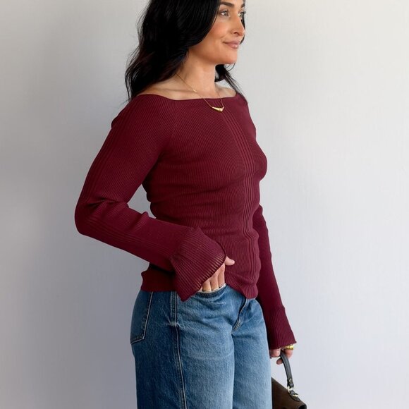 Women’s Ballet Neck Knit Top – Wine Red - Picture 5 of 8
